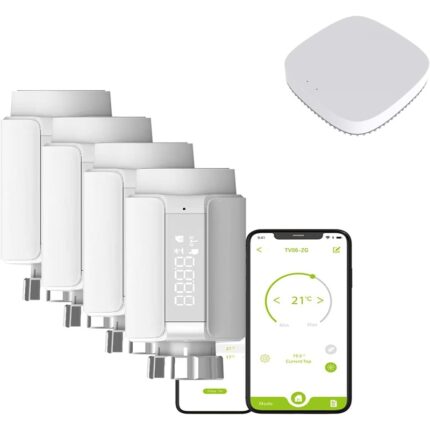 Qiumi ‎‎QMZG-06TV-Four One Válvula Termostática Inteligente para Radiador WiFi – Pack de 4 unidades + 1 pasarela de enlace